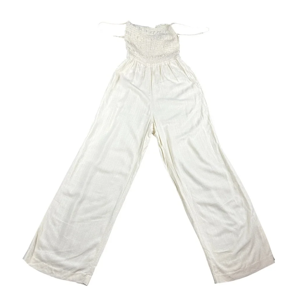 H&M Smocked Linen Blend Wide Leg Jumpsuit Cream Beige Summer Minimalist Small